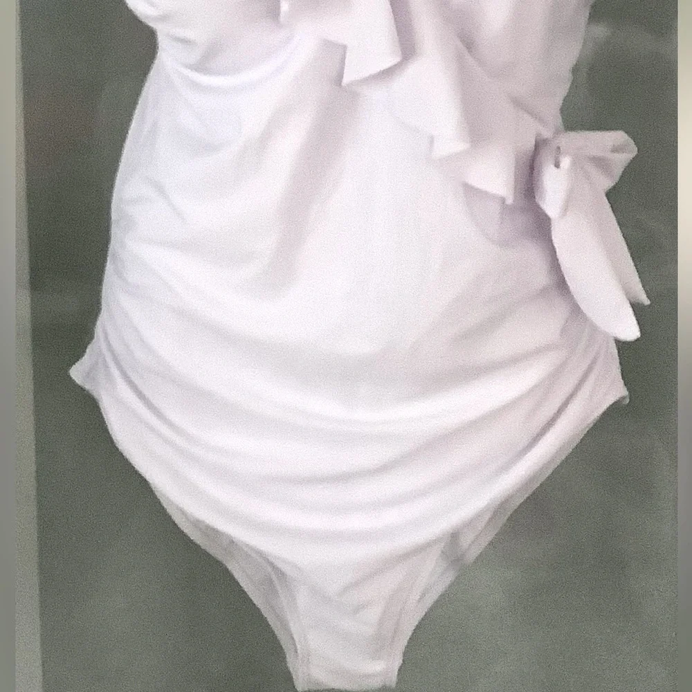 Women’s White Ruffle Tummy Control One Piece Swimsuit